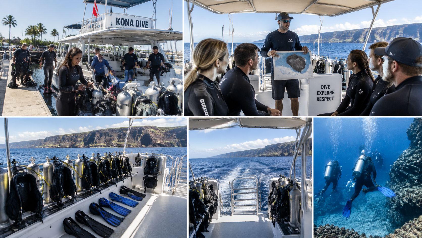 A collage showing divers preparing for a scuba diving trip on a boat near the Big Island.