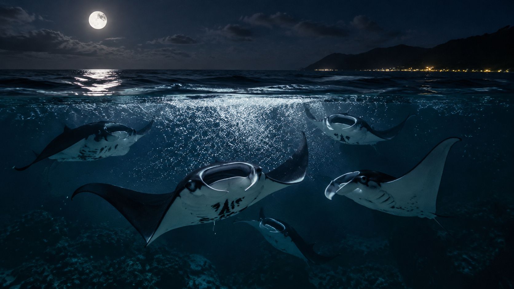 A group of manta rays swimming underwater at night under a full moon in Hawaii.