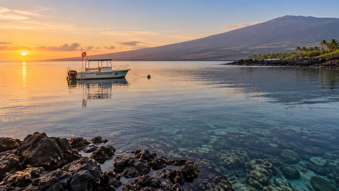 A scenic view of a boat anchored in calm ocean waters during a beautiful tropical sunset.