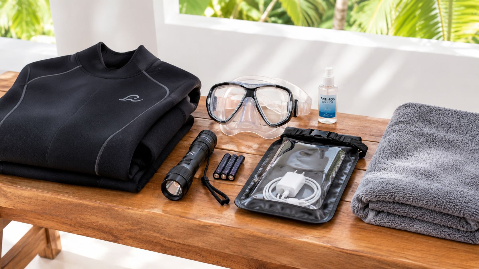A neatly arranged collection of scuba diving gear including a wetsuit, snorkeling mask, batteries, flashlight, waterproof pouch, and towel.