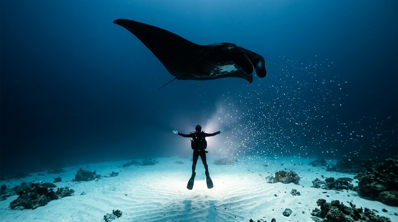 A scuba diver floats with arms outstretched underwater beneath a large manta ray in the deep ocean.