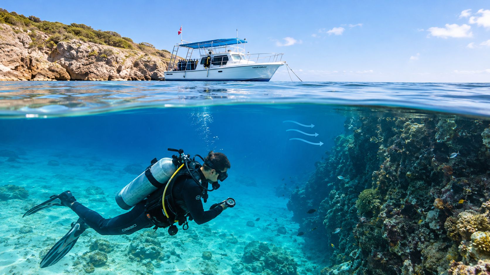 A scuba diver explores a vibrant coral reef near a boat in clear, blue tropical waters.