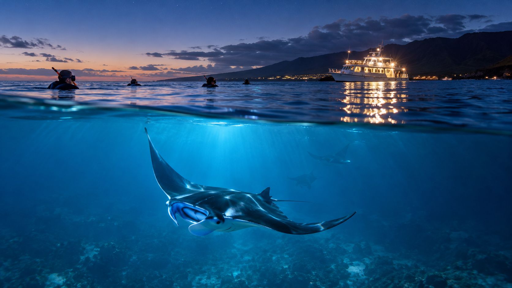 A manta ray swimming underwater at night with snorkelers and a tour boat visible on the surface.