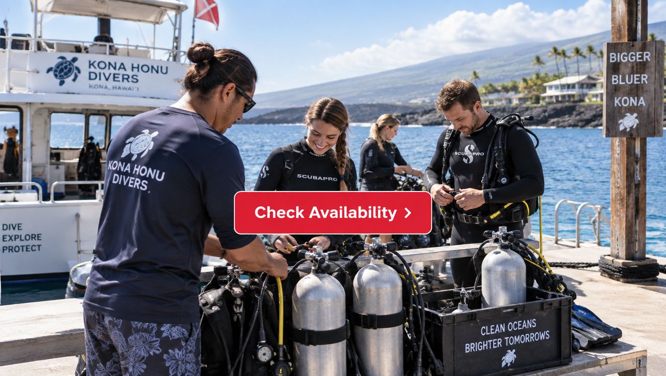 Scuba divers preparing equipment and oxygen tanks before a boat dive excursion in Kailua Kona, Hawaii.