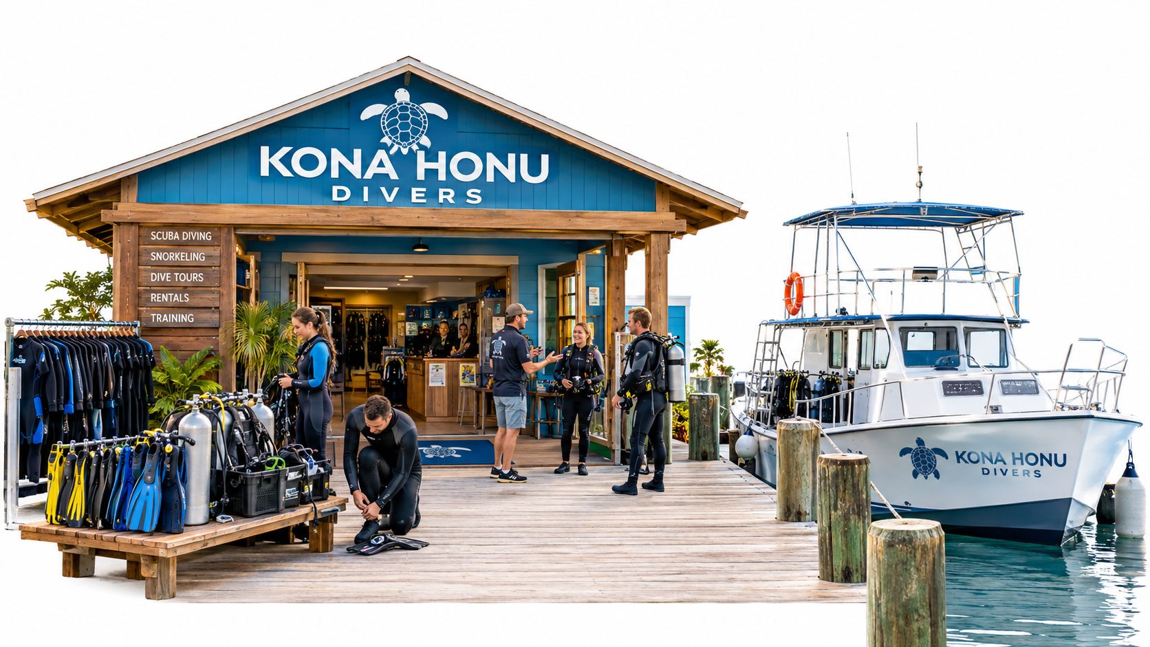 Scuba divers preparing gear on a wooden dock in front of the Kona Honu Divers shop in Hawaii.