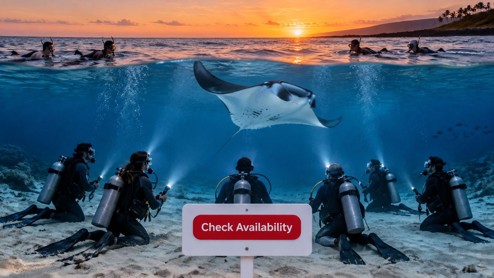Scuba divers exploring the ocean floor observing a majestic manta ray during a Hawaiian sunset night dive.