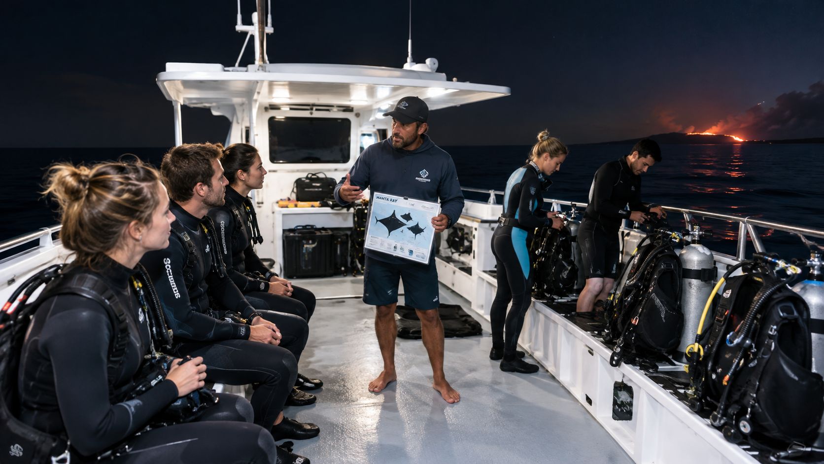 A dive instructor teaches students on a boat at night while a distant volcano glows in the background.