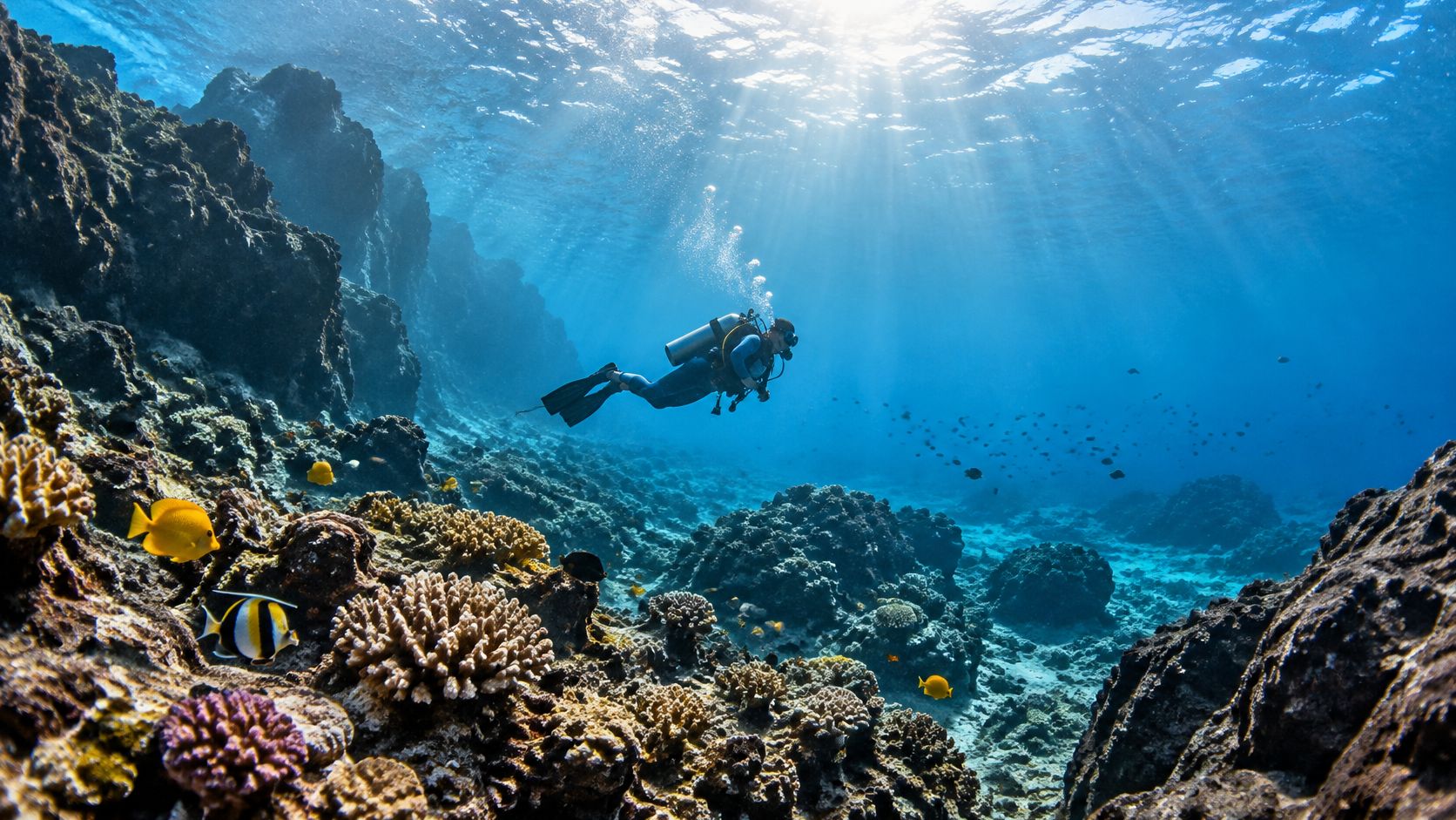 A scuba diver explores a vibrant coral reef near Kailua Kona with tropical fish swimming nearby.