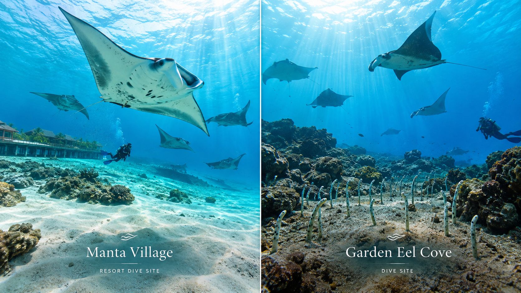 Split screen view comparing scuba diving at Manta Village and observing garden eels at Garden Eel Cove.