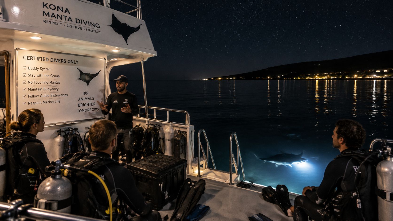 A scuba diving guide briefing group of divers on a boat at night near manta rays.