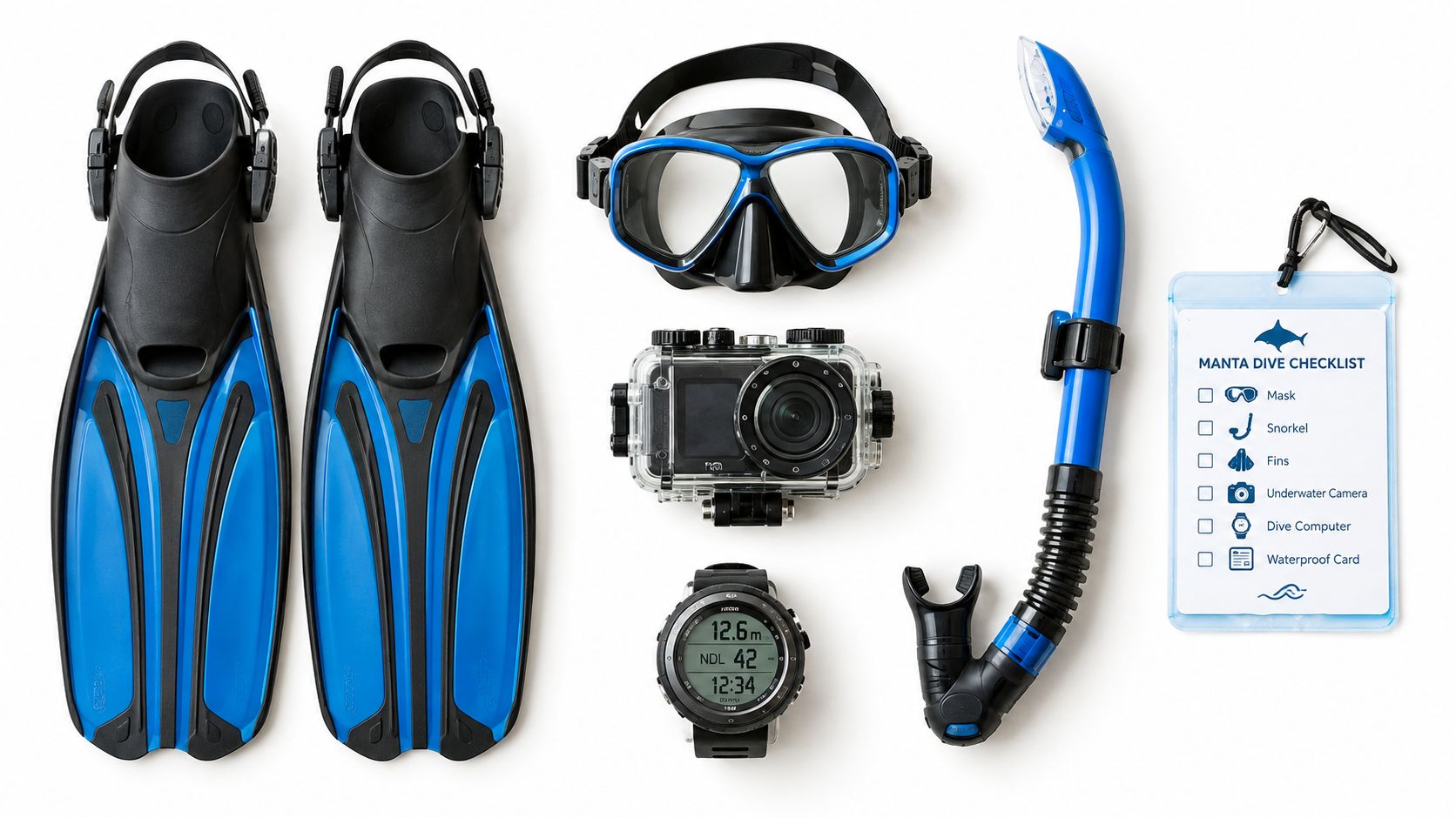 A professional scuba diving equipment set including blue fins, a diving mask, camera, computer, and checklist.
