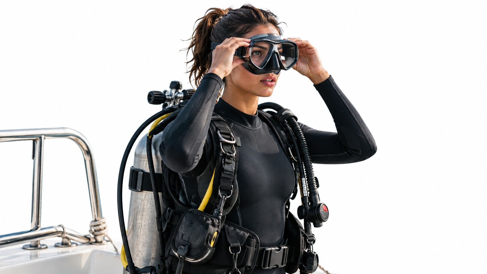 A female scuba diver adjusting her mask on a boat deck before an underwater diving excursion.