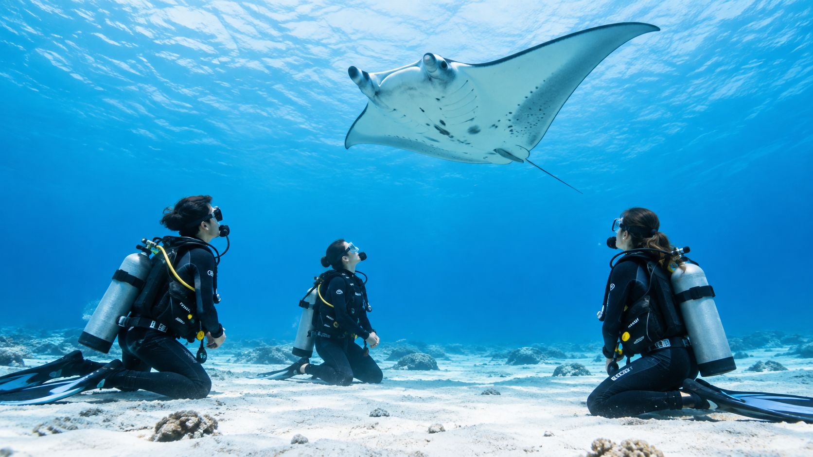 Three scuba divers kneeling on the ocean floor observing a graceful manta ray swimming above them.