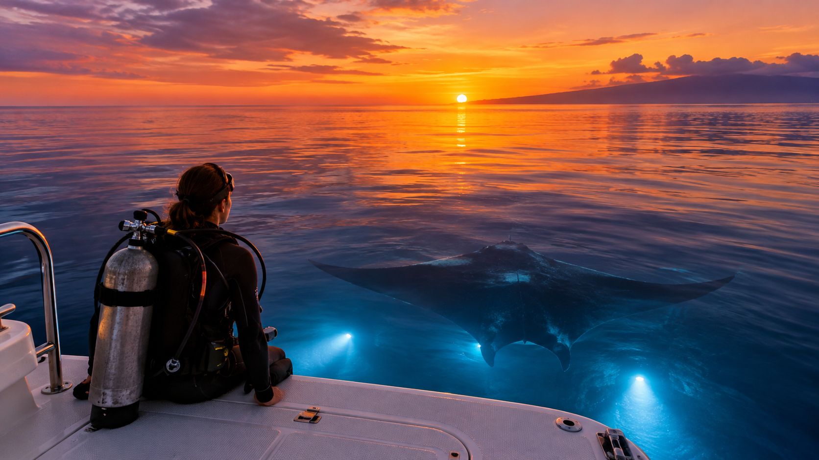 A scuba diver sits on a boat edge watching a manta ray swim through illuminated water at sunset.