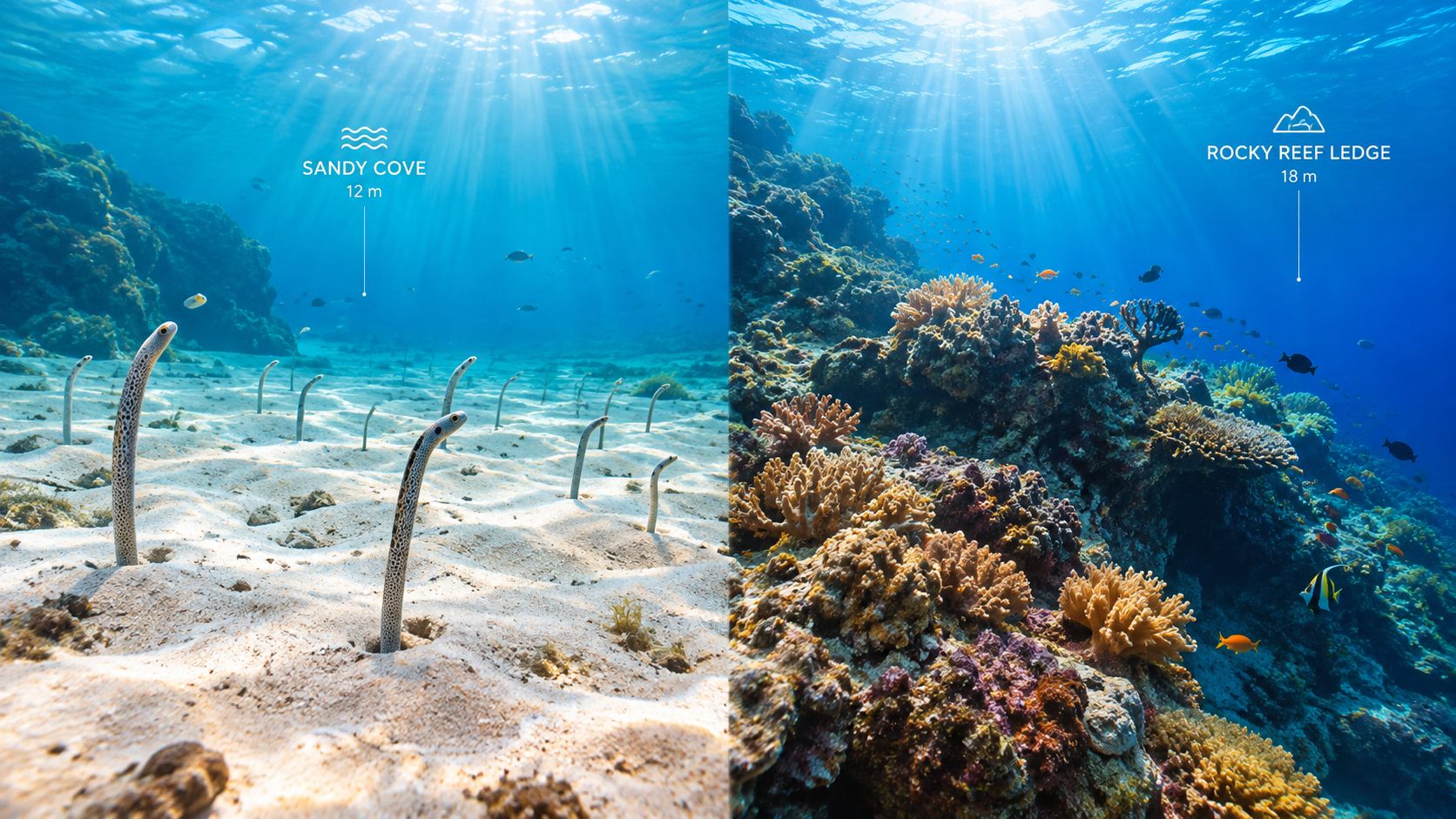 A split screen underwater scene showing spotted garden eels in sandy cove and a coral reef.