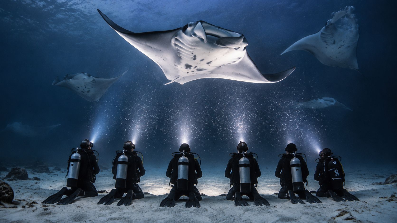 Scuba divers kneeling on the ocean floor observing a group of majestic manta rays swimming above them