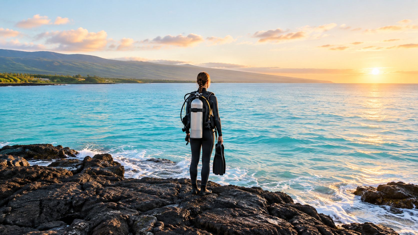 A scuba diver stands on volcanic rocks looking out at a scenic sunset over the ocean.