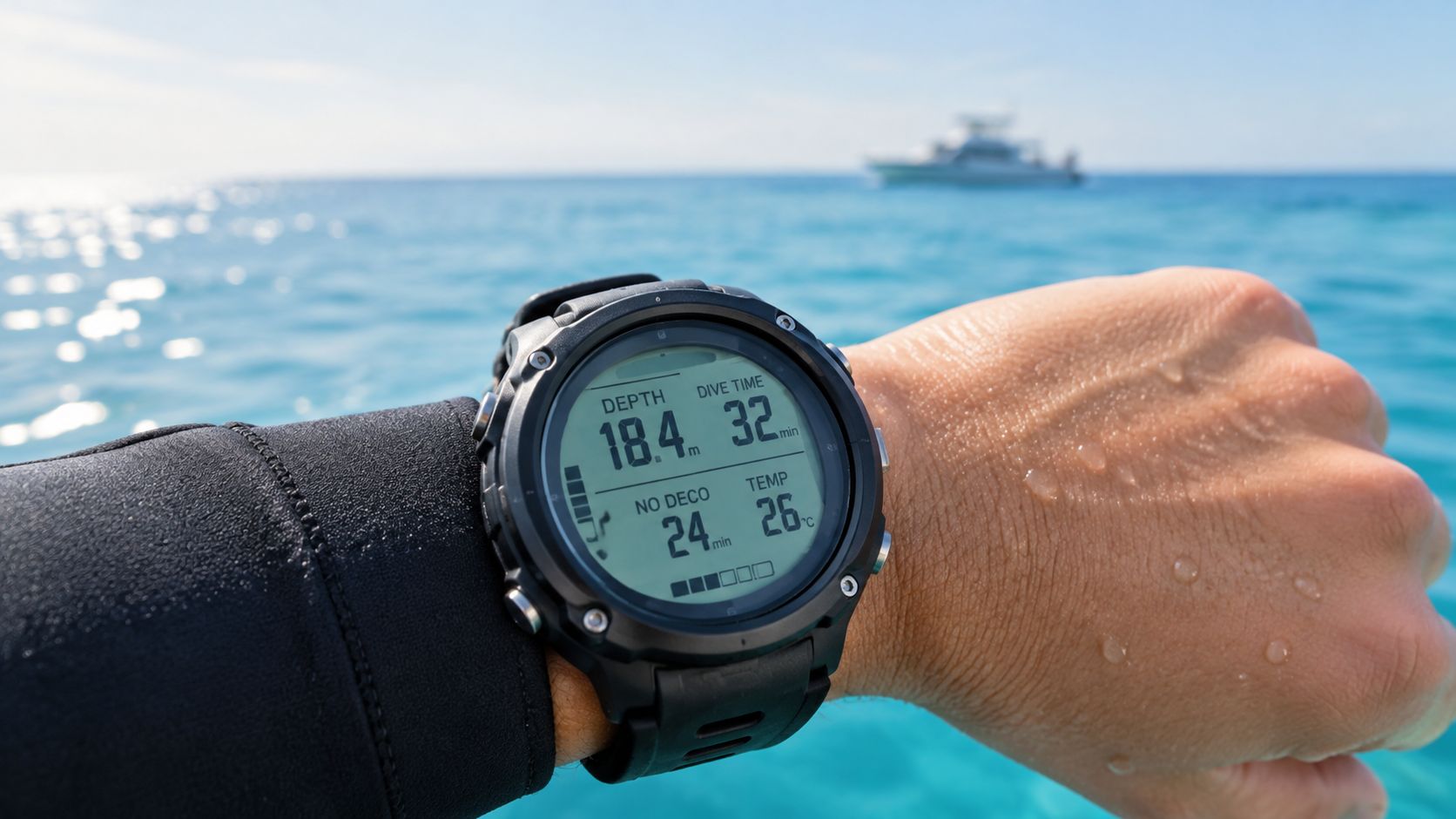 A close-up view of a scuba diver's watch displaying depth, dive time, and water temperature during a dive.