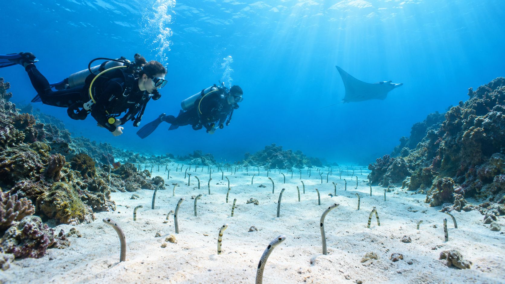 Two scuba divers swim past a colony of garden eels above a sandy sea floor with a manta ray.