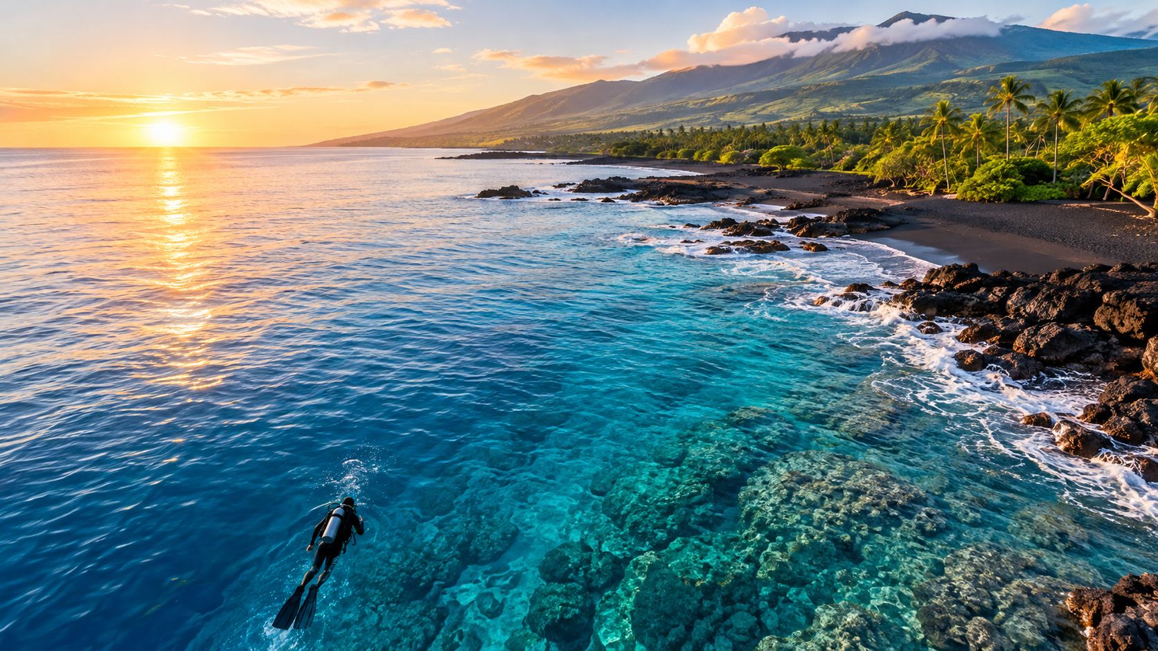 A scuba diver explores crystal clear tropical waters near a scenic volcanic black sand beach at sunset.