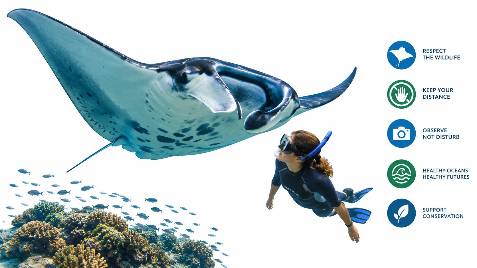 A snorkeler swims near a manta ray above a coral reef with conservation guidelines displayed nearby.