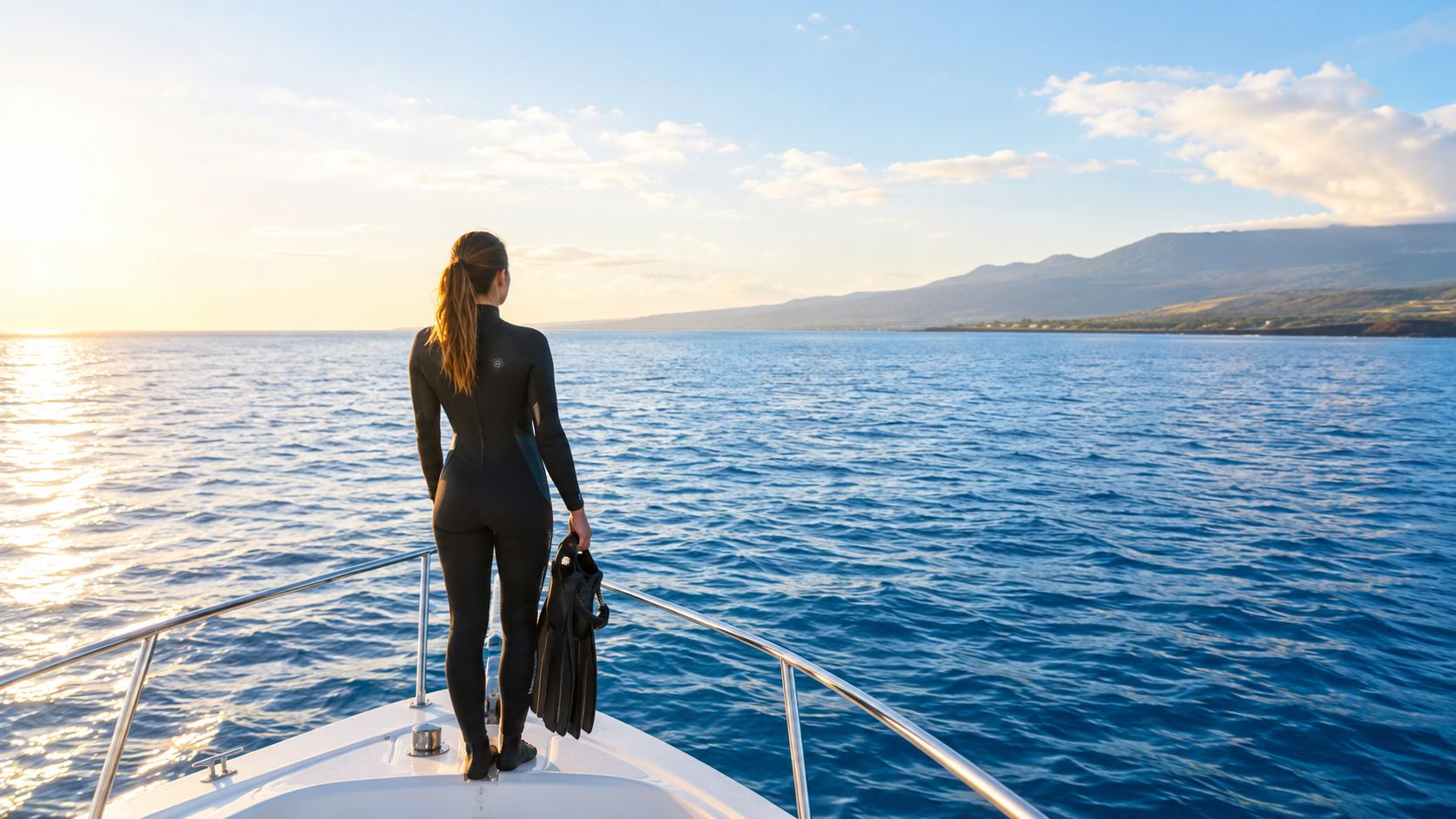 A woman in a wetsuit holding scuba fins stands on the bow of a boat at sunset.