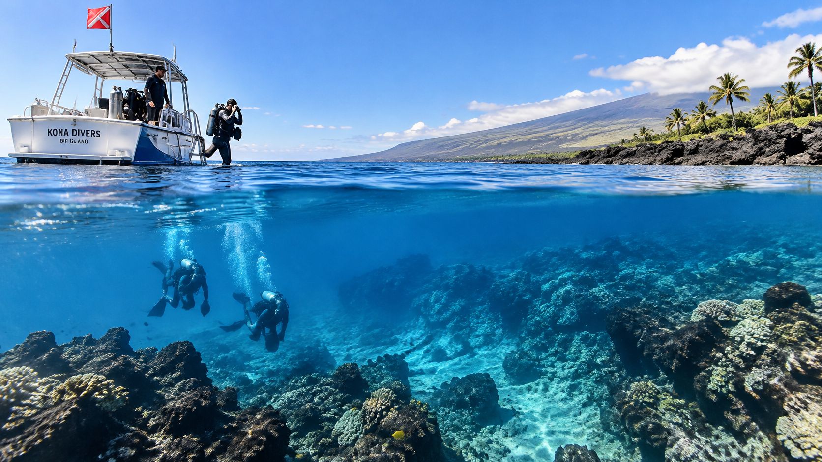 Scuba divers exploring a vibrant coral reef near a Kona Divers boat off the Hawaii Big Island coast.