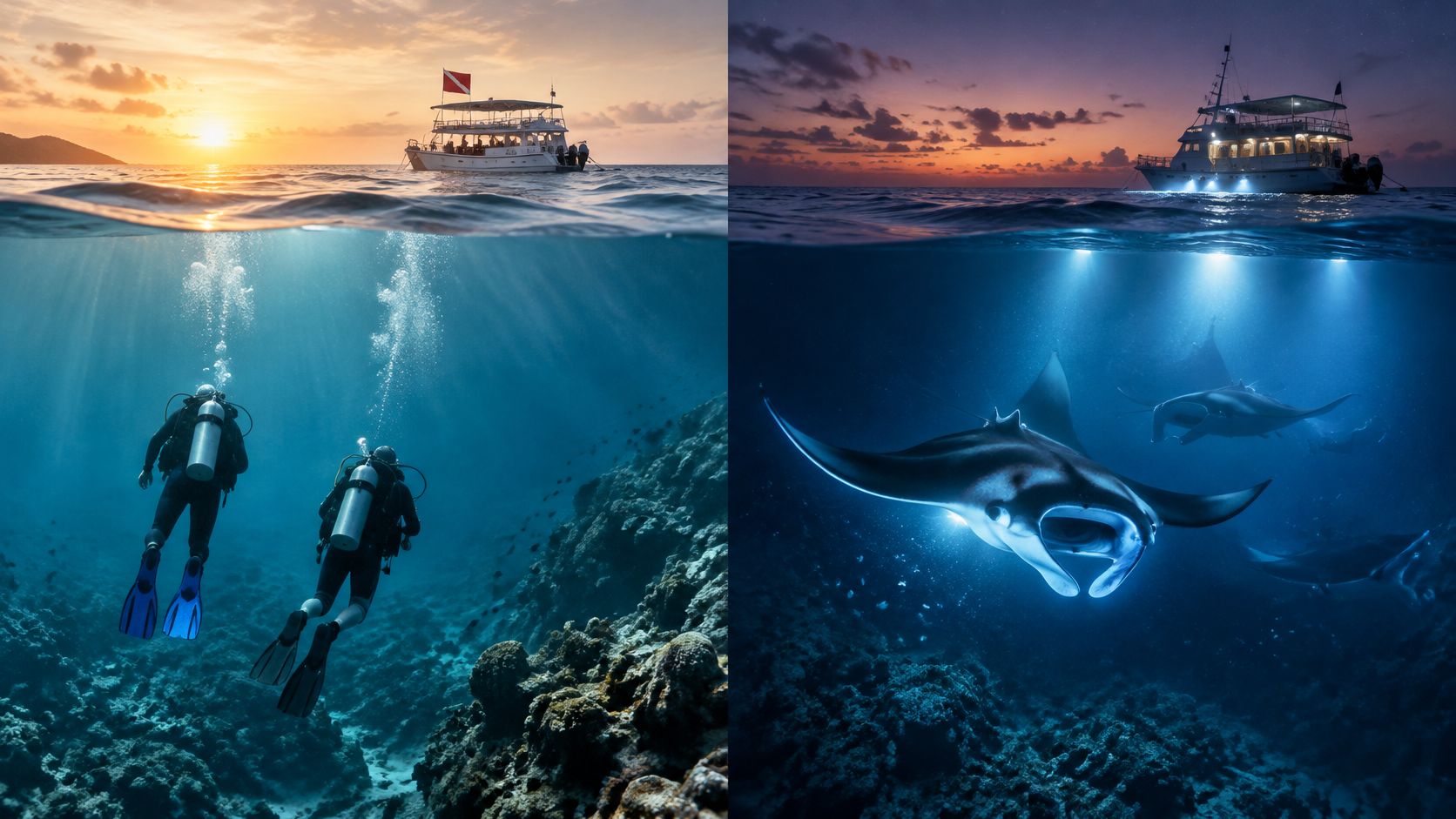A split-screen comparison showing scuba divers during a sunny afternoon and manta rays swimming at night.