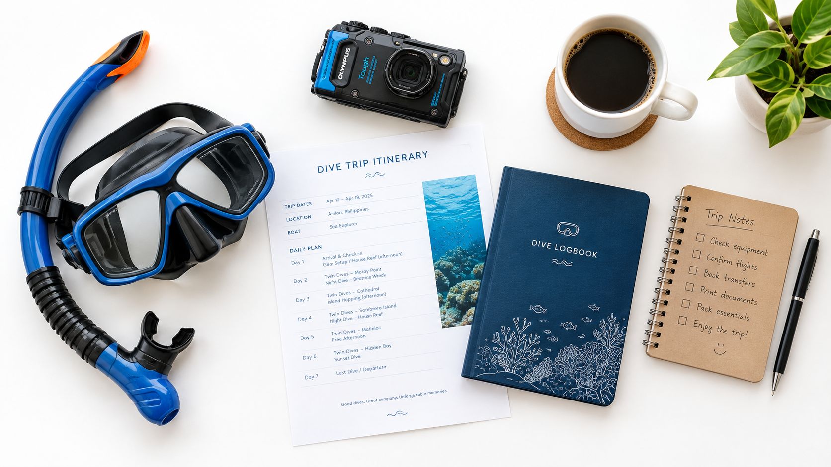 A flatlay of a diving trip itinerary, logbook, snorkeling mask, and camera on a white desk.