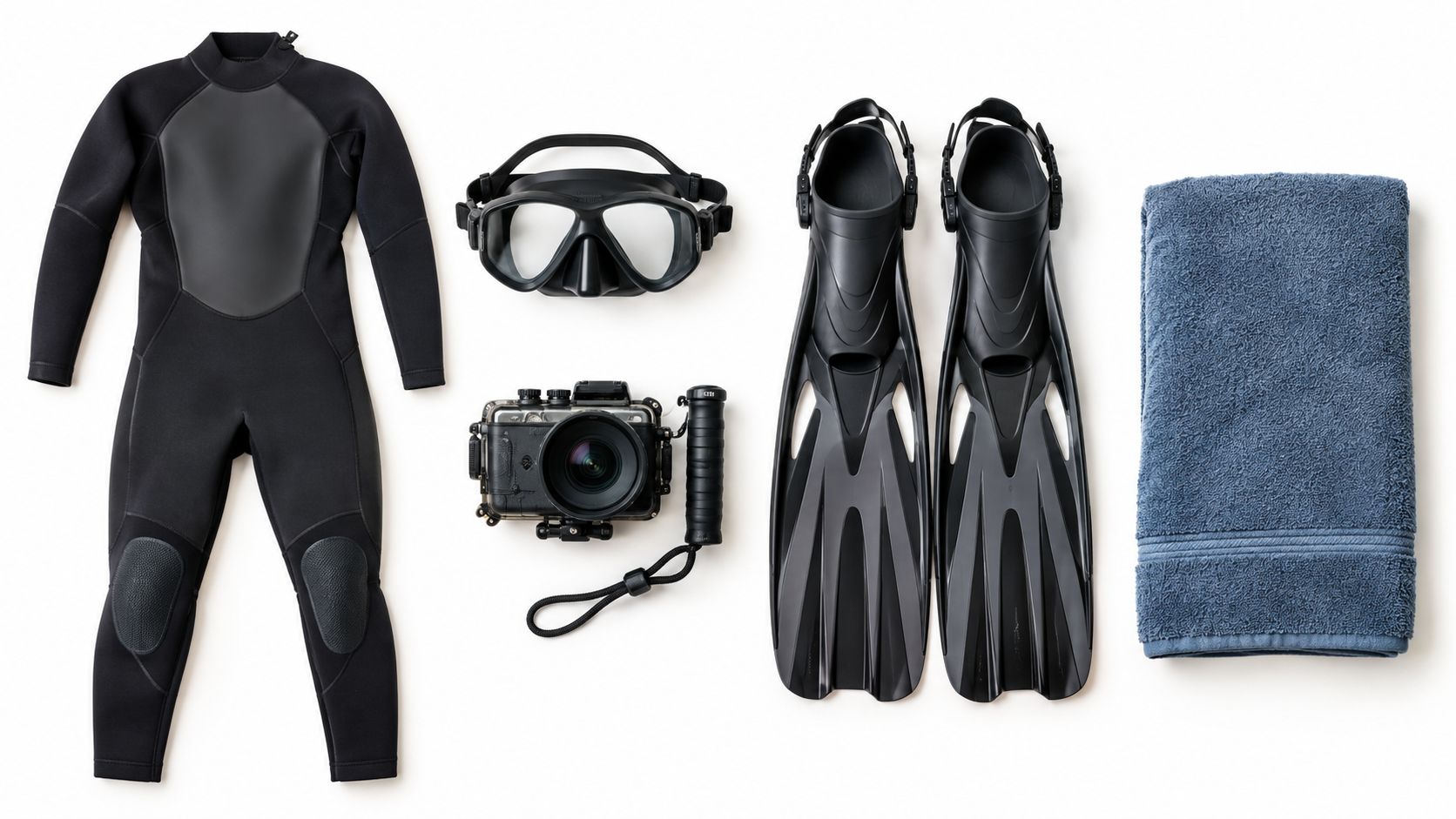 A flat lay of scuba diving equipment including a wetsuit, mask, camera, fins, and a blue towel.
