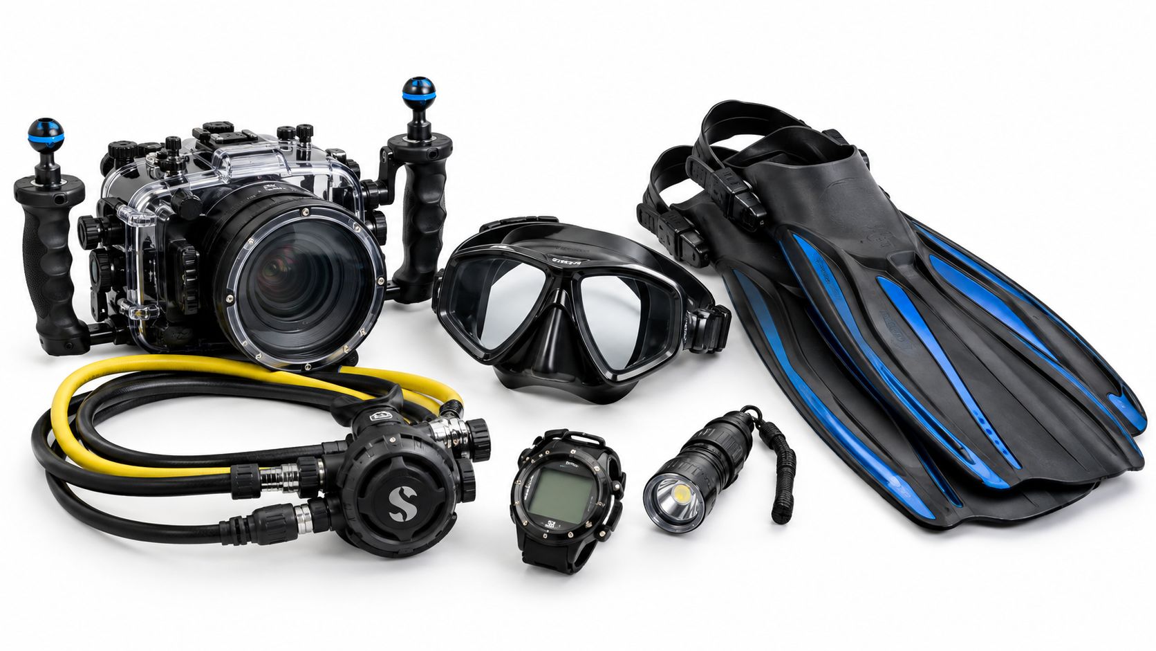 A complete set of scuba diving gear including an underwater camera housing, mask, fins, regulator, computer, and flashlight.