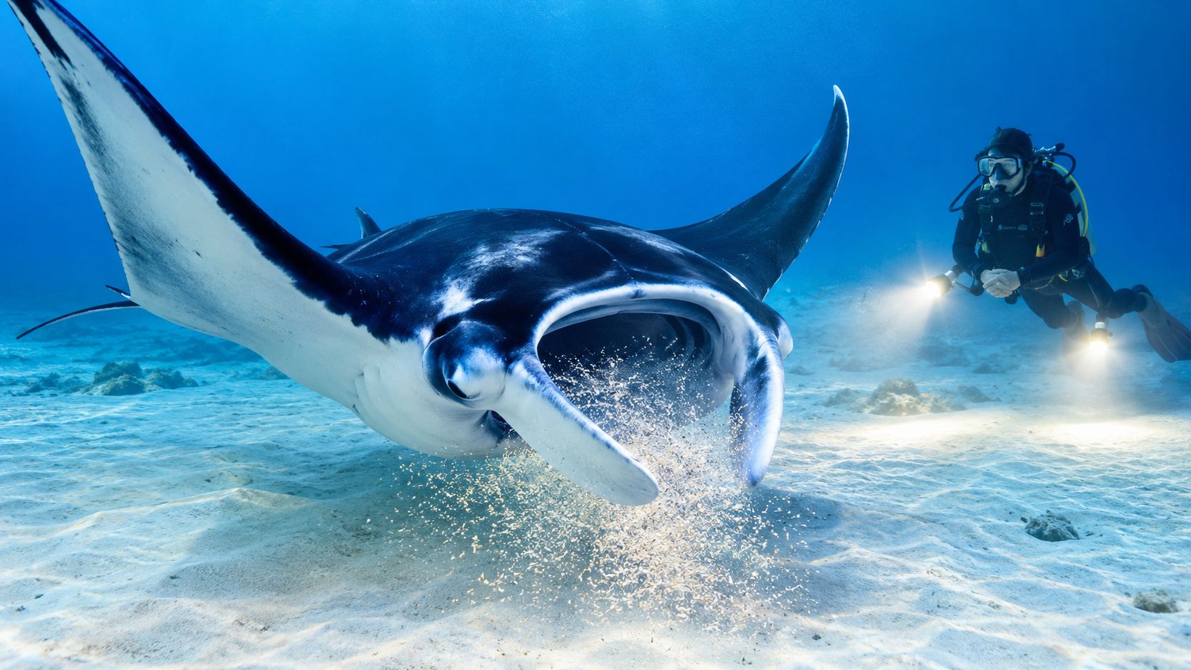 A scuba diver explores the ocean floor while a majestic manta ray swims past in clear water.