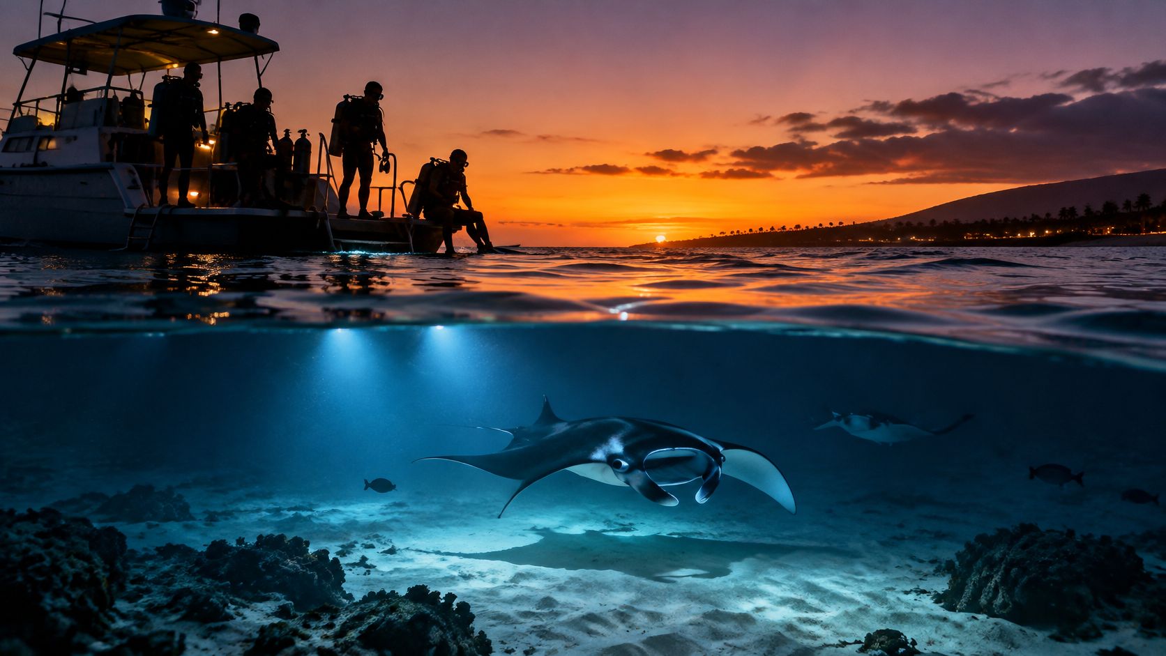 Scuba divers sitting on a boat at sunset above a manta ray swimming in clear tropical water.