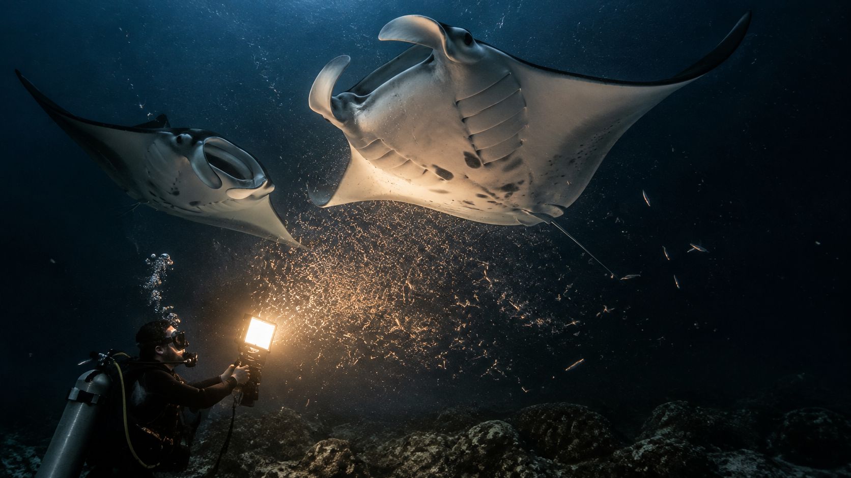 A scuba diver illuminates two large manta rays feeding in the dark waters off Hawaii