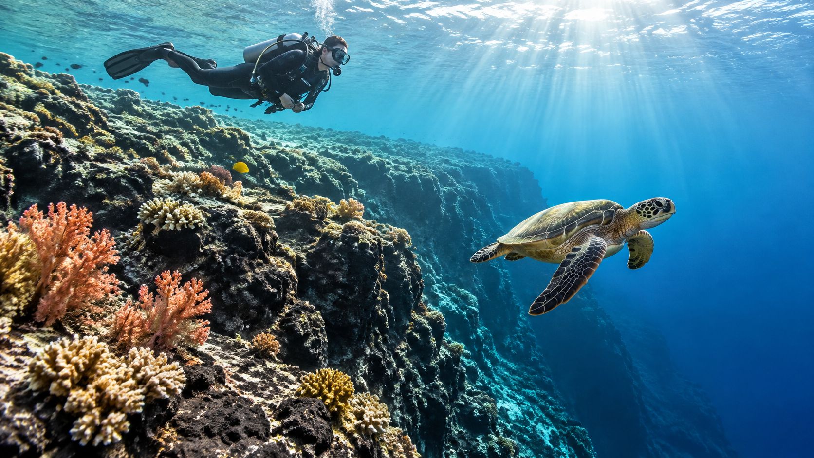 A scuba diver swims near a coral reef as a sea turtle glides through deep blue ocean water.