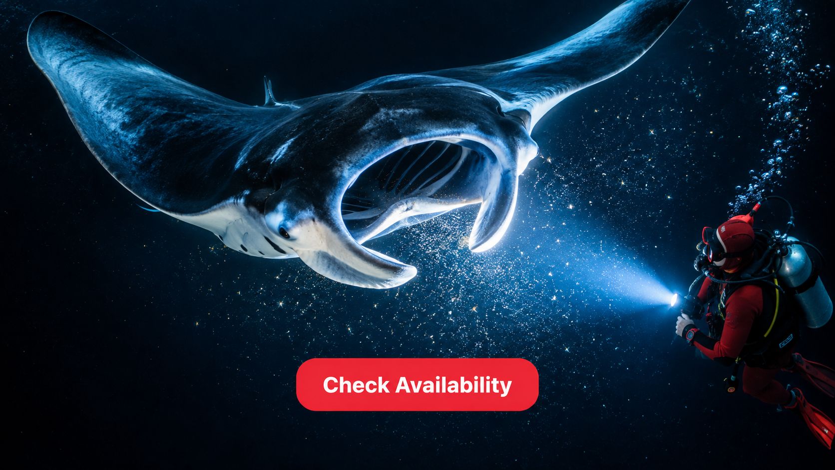 A scuba diver explores the deep ocean alongside a large manta ray with its mouth open.