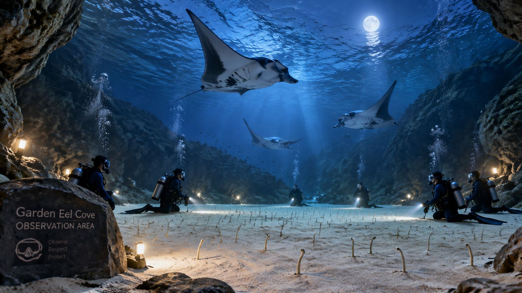 Scuba divers observing manta rays swimming above a sandy seafloor filled with garden eels in a cove.