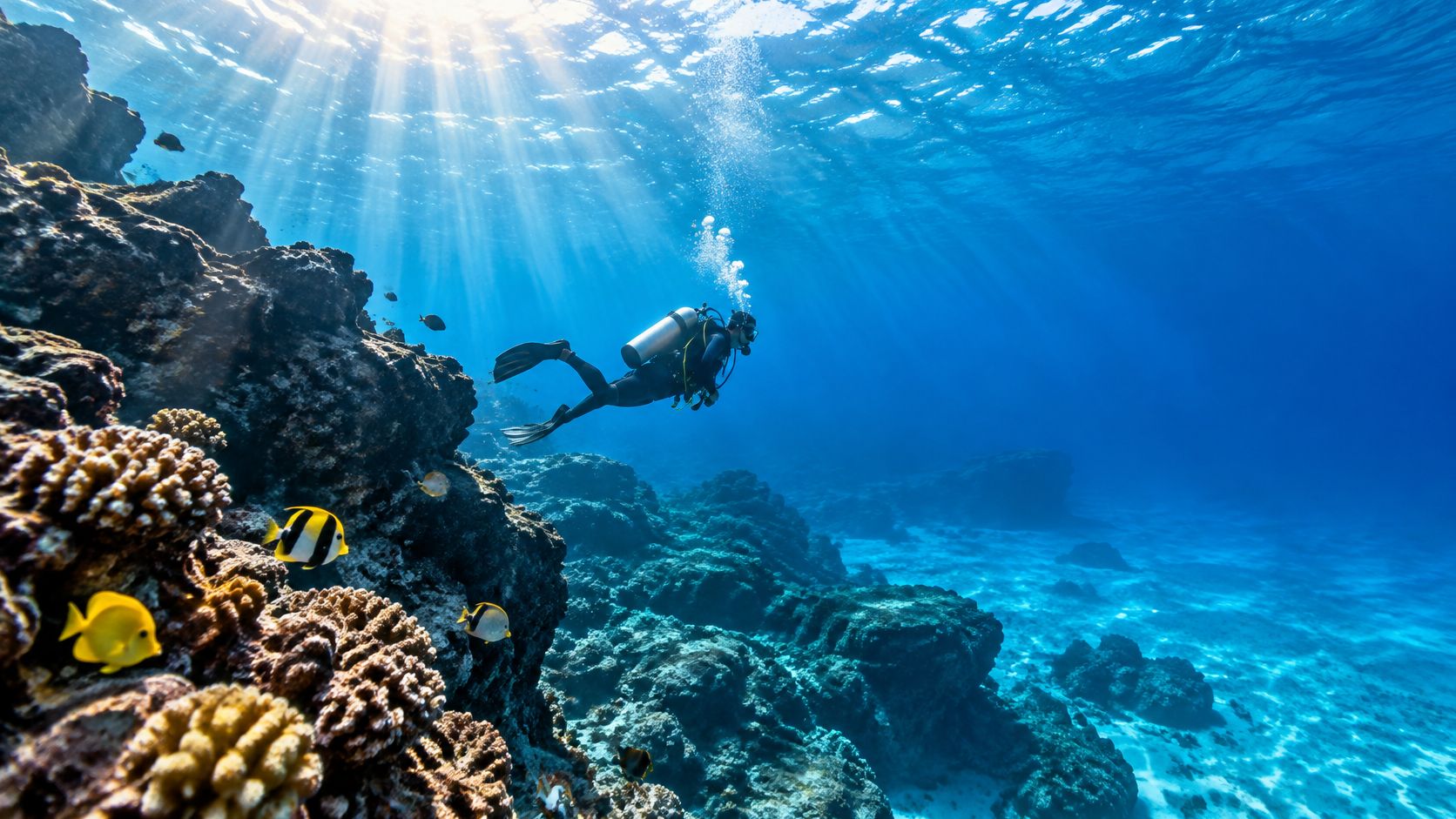 A scuba diver explores a vibrant coral reef near Kona on the Big Island of Hawaii.