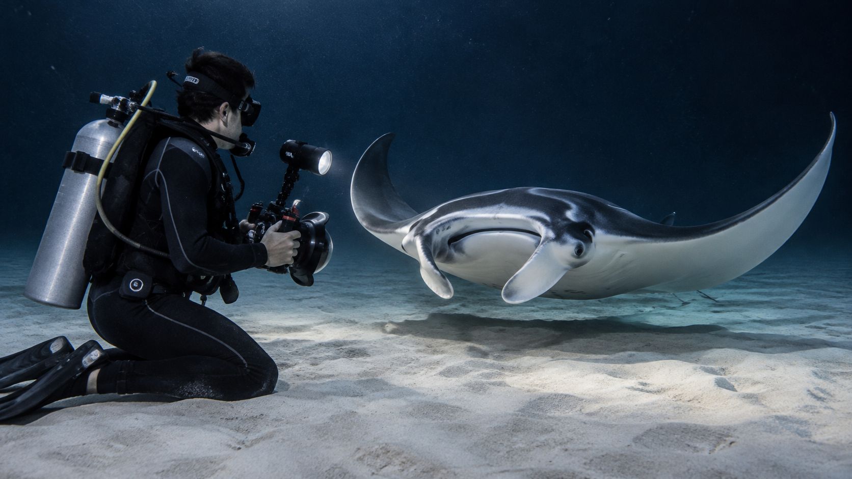 A scuba diver kneeling on the sandy ocean floor photographing a graceful manta ray underwater.