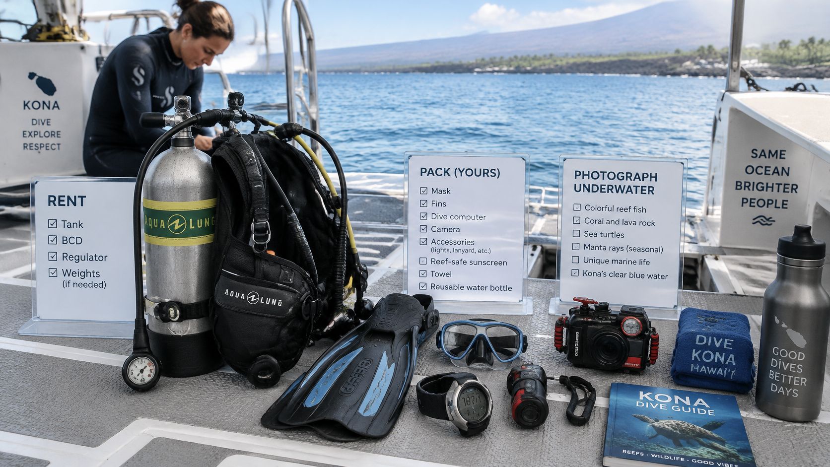 Scuba diving equipment and gear checklists arranged on the deck of a boat in Kona, Hawaii.