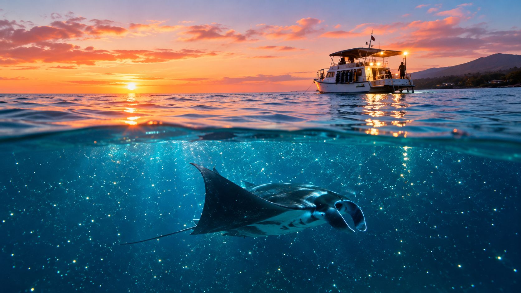 A manta ray swimming underwater beneath a boat during a beautiful sunset in the ocean.