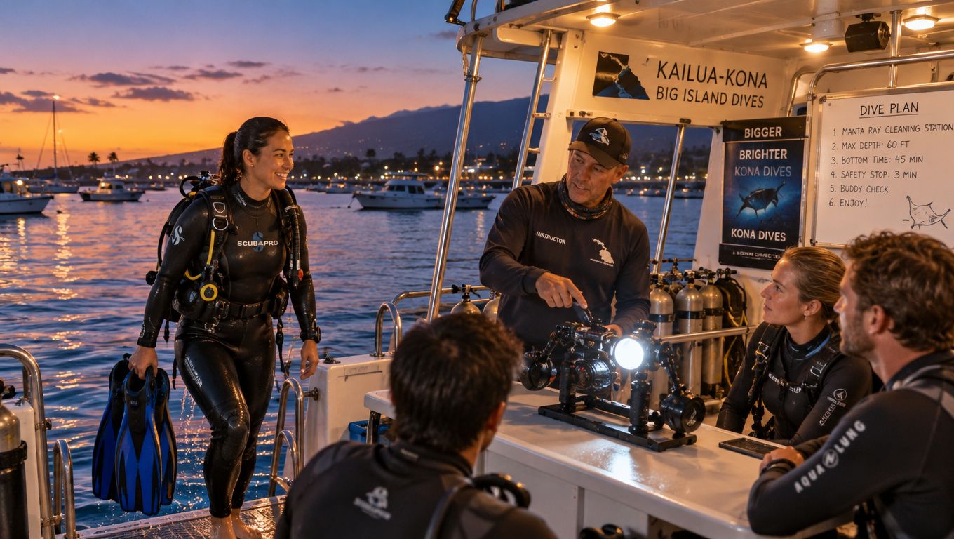 A scuba diving instructor briefs divers on a boat at sunset in Kailua-Kona before a night dive.