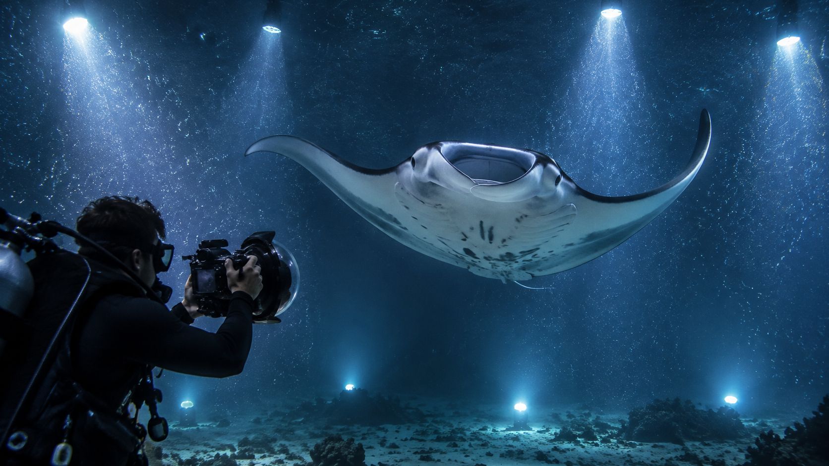 A scuba diver photographs a graceful manta ray swimming through clear dark water illuminated by underwater spotlights.