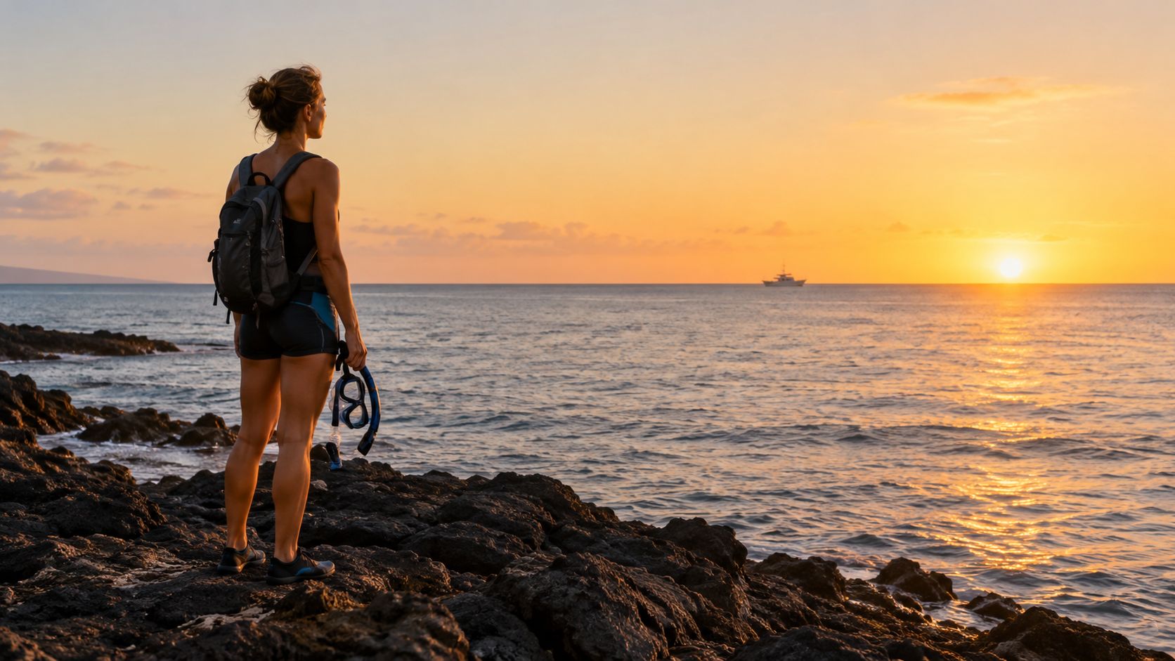 A woman with a backpack and snorkel gear looks out at a sunset over the ocean.