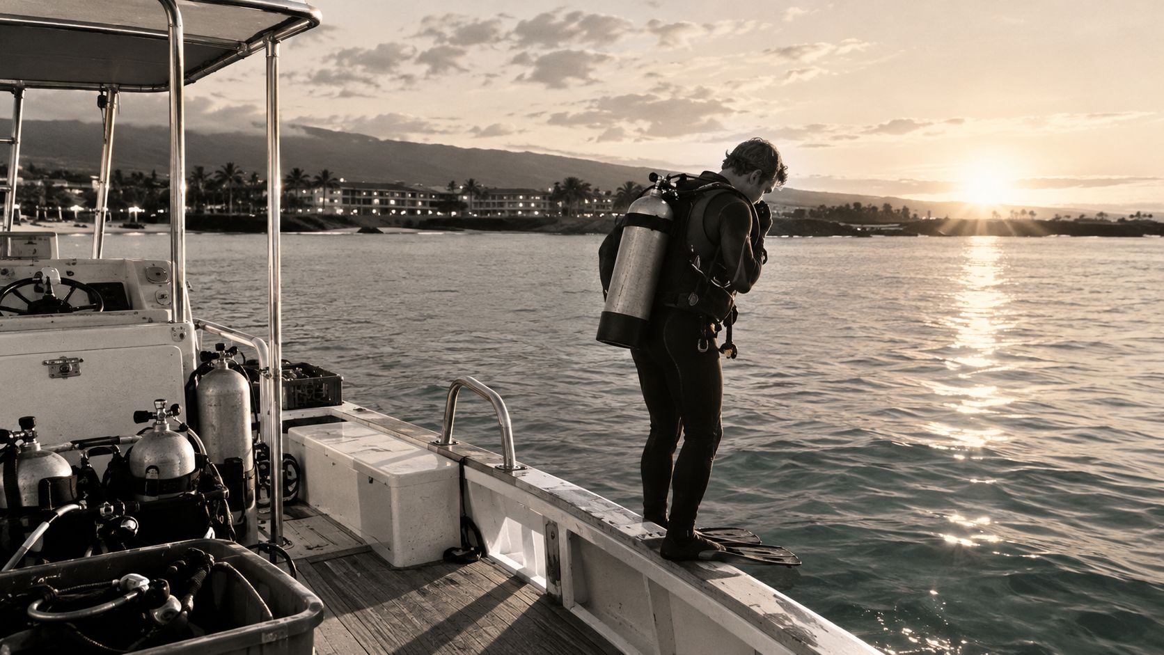 A scuba diver preparing to jump from a boat into the ocean during a sunset