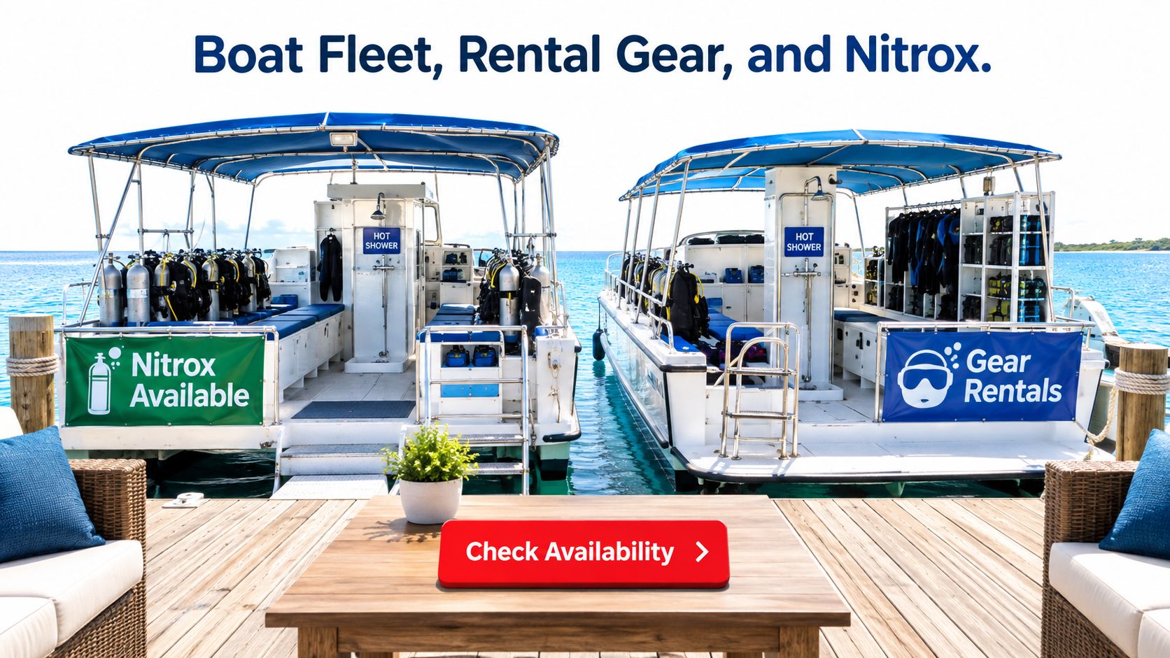 Two dive boats docked at a wooden pier featuring scuba gear, nitrox tanks, and rental equipment signs.