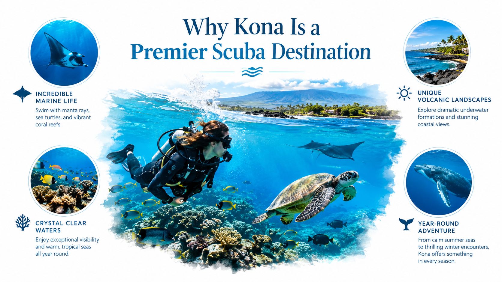 A scuba diver explores vibrant coral reefs near Kona, Hawaii, surrounded by sea turtles and manta rays.