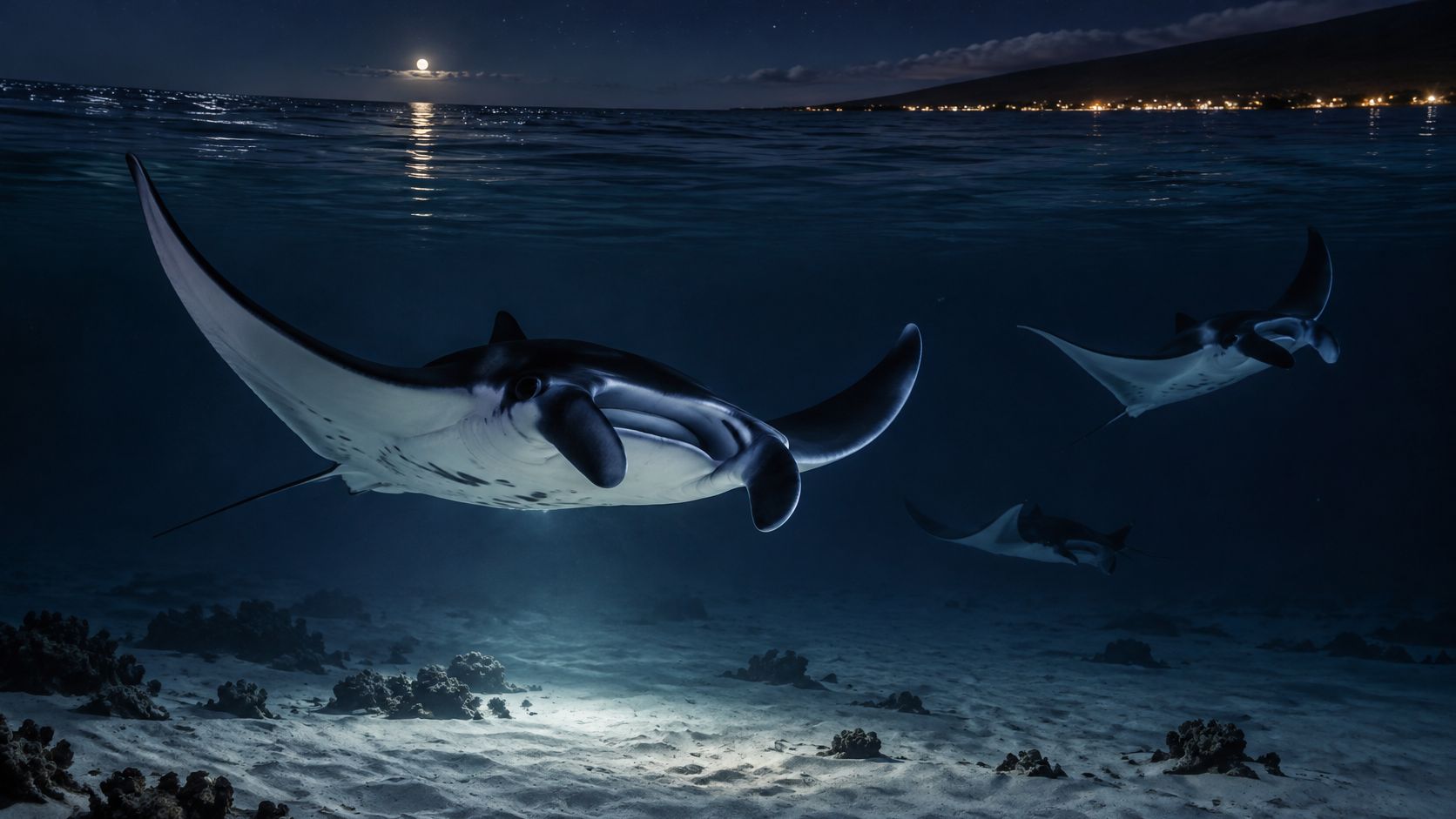 A majestic manta ray swimming underwater with other manta rays during a moonlit night in Hawaii.