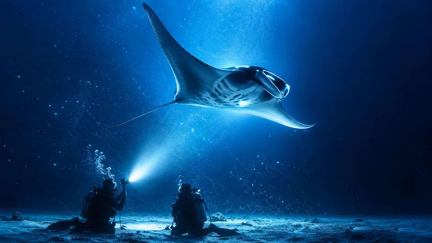 Scuba divers use lights to illuminate a large manta ray gliding through the deep blue ocean water.