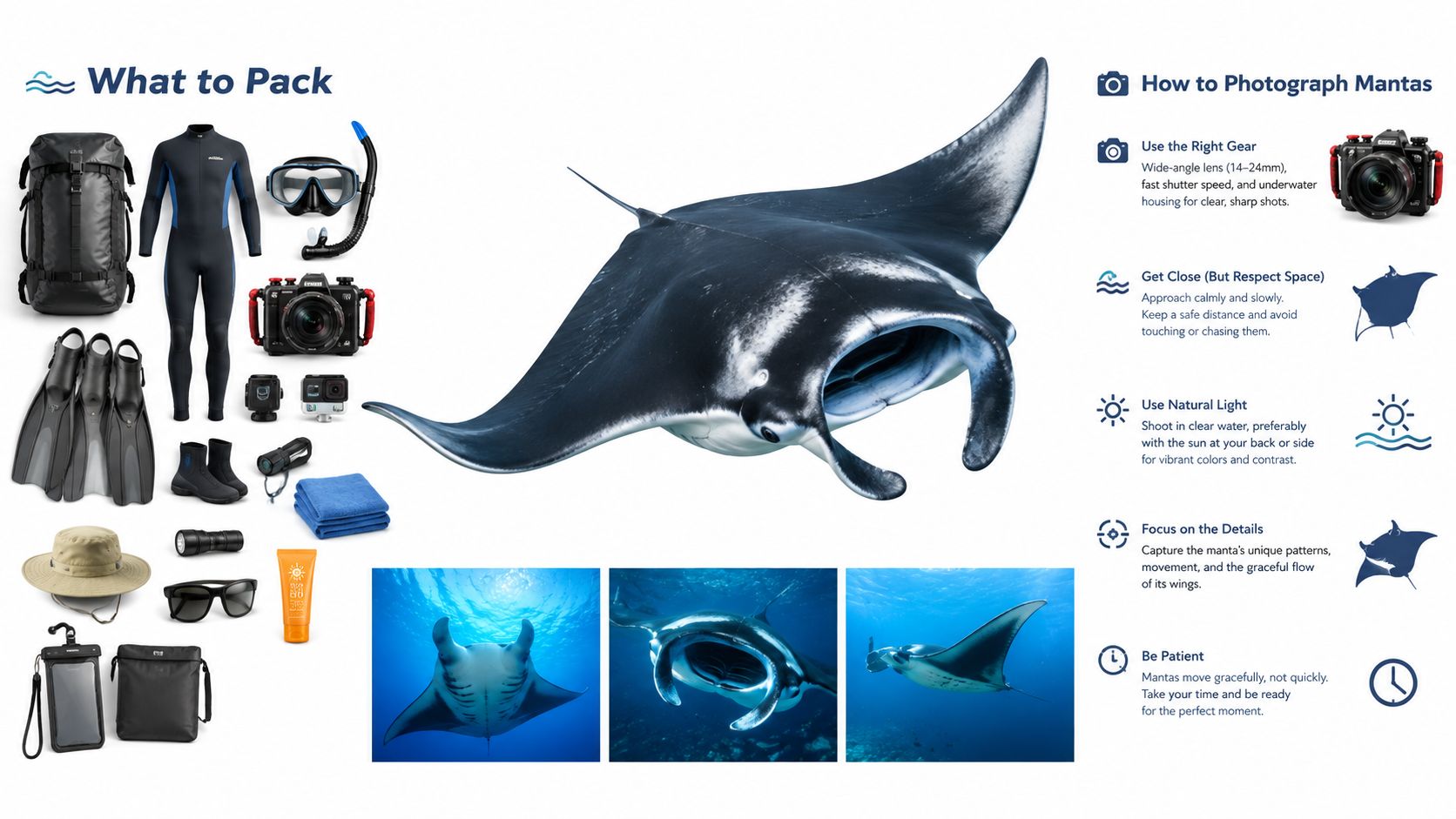 An infographic showing manta ray snorkeling gear and photography tips for capturing marine life underwater.